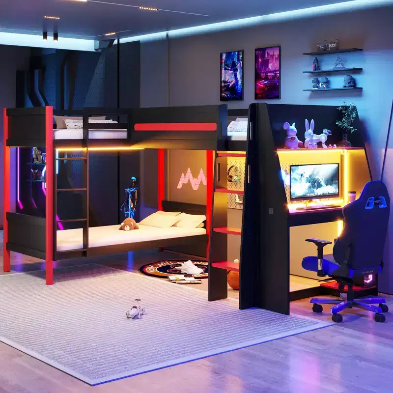Whisen Twin Size L-Shaped Bunk Bed with Twin Size Gaming Loft Bed Frame, Built-in Desk, Shelves - Black & Red