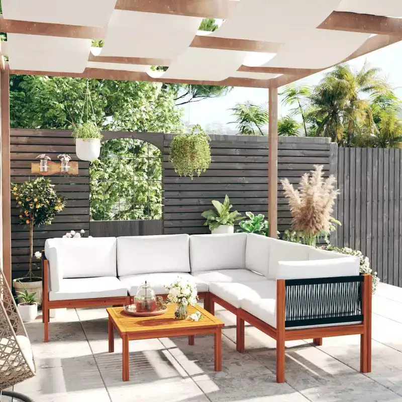 vidaXL Solid Acacia Wood Patio Lounge Set - 6 Piece Outdoor Furniture Set with Cushions, Cream White, Weather-Resistant and Easy Assembly