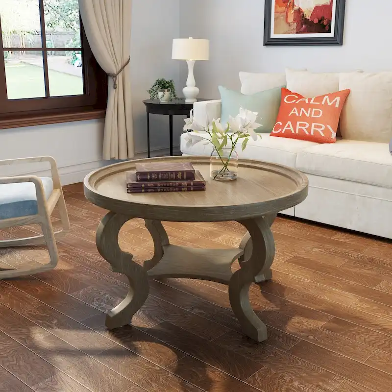 Round Faux Wood Coffee Table, Weathered Natural & Walnut Finish, Living Room