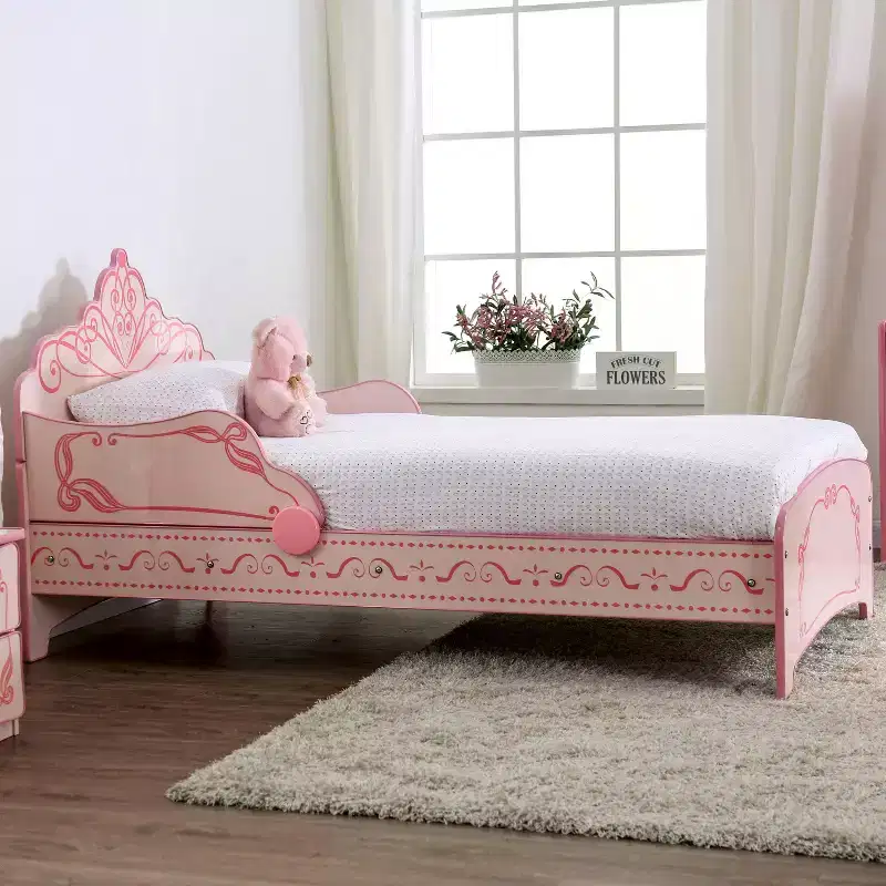 Princess Crown Twin Kids Bed, Pink, Decorative Scrollwork, Modern Kids Bedroom Furniture