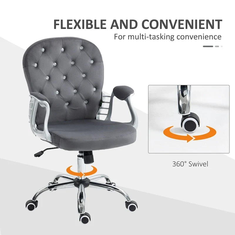 Vanity Middle Back Office Chair Tufted Backrest Swivel Rolling Wheels Task Chair with Height Adjustable Armrests