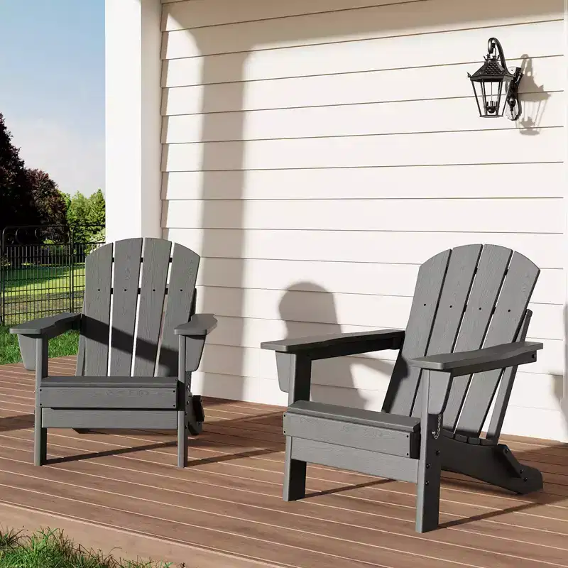 Folding Adirondack Chairs Set of 2-HDPE Plastic Outdoor Chairs with Wood Texture(Grey) for Fire Pit/Deck/Patio(380lbs Capacity & Weather Resistant)