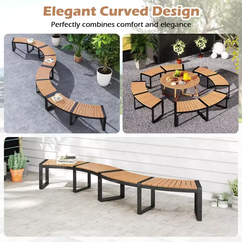 Costway Backless 2-Person Patio Curved Bench with Slatted Seat & Metal Legs Oil Painted