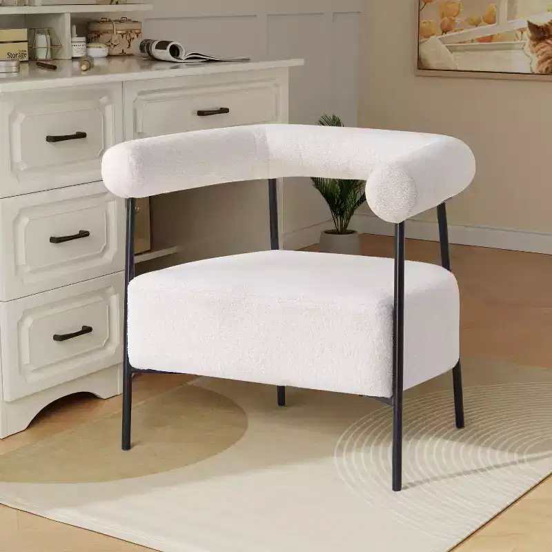 Modern Boucle Upholstered Curved Accent Chair with Metal Frame, White