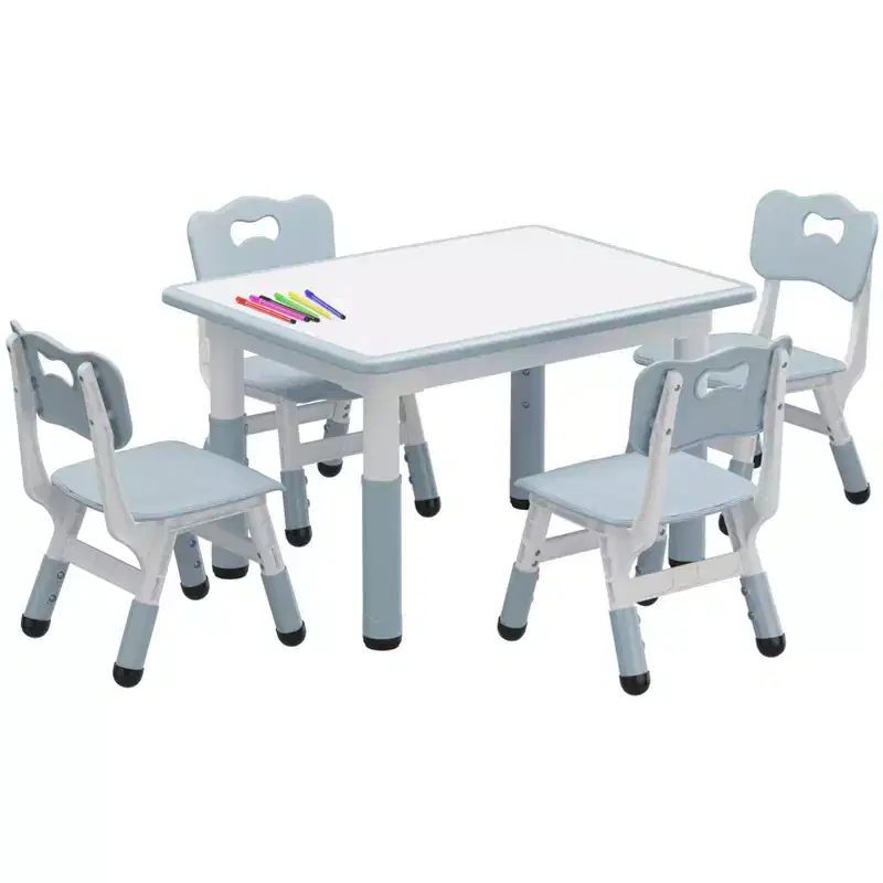 Kids Table and 4 Chairs Set with Particleboard Desktop, Non-Slip Legs, Easy to Wipe, Height Adjustable, Durable and Sturdy for Ages 2-10