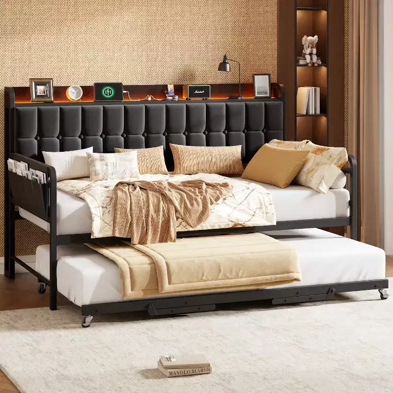 Twin Daybed with Trundle and Charging Station, Upholstered Sofa Bed Frame with Storage Headboard and LED Light, 76.77L x 45.67W
