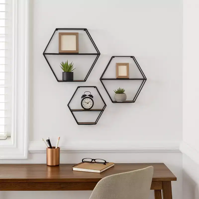Modern Hexagon Wall Mounted Shelves for Home Decor - Wood with Metal Frame Storage Organizer for Office Display