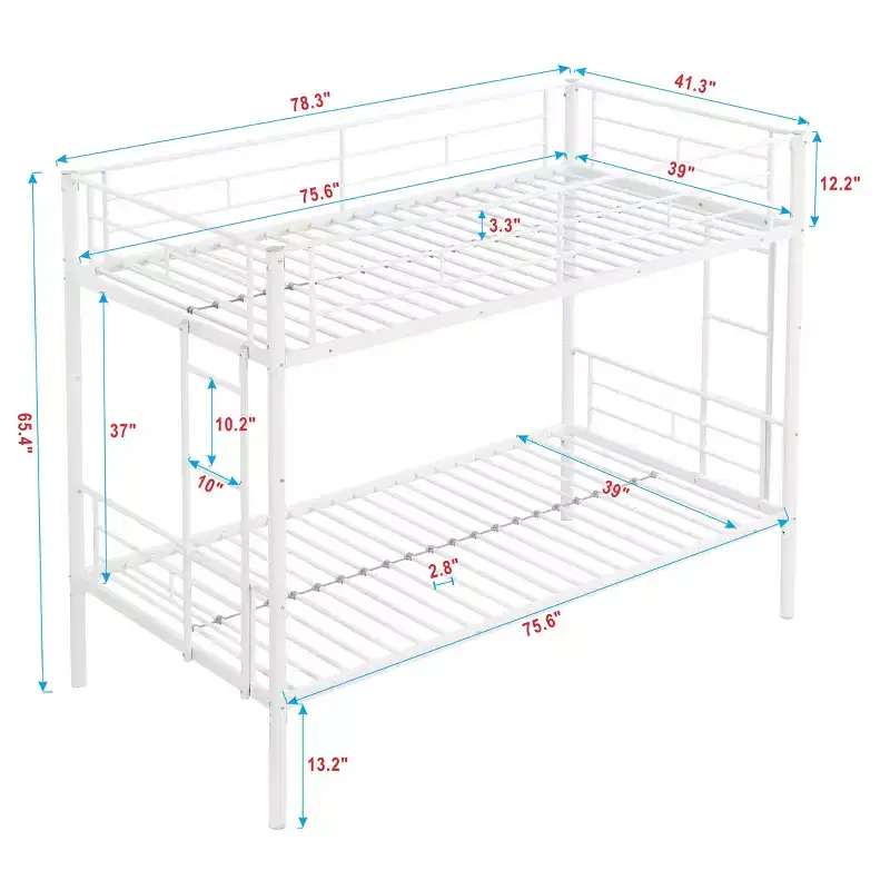 Twin Over Twin Bunk Bed with 2 Side Ladders & Full-Length Guardrail, White