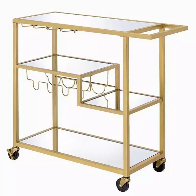 Hampton Style Metal Framed Serving Cart with Wine Bottle Holder and Stemware Rack, Gold and Clear