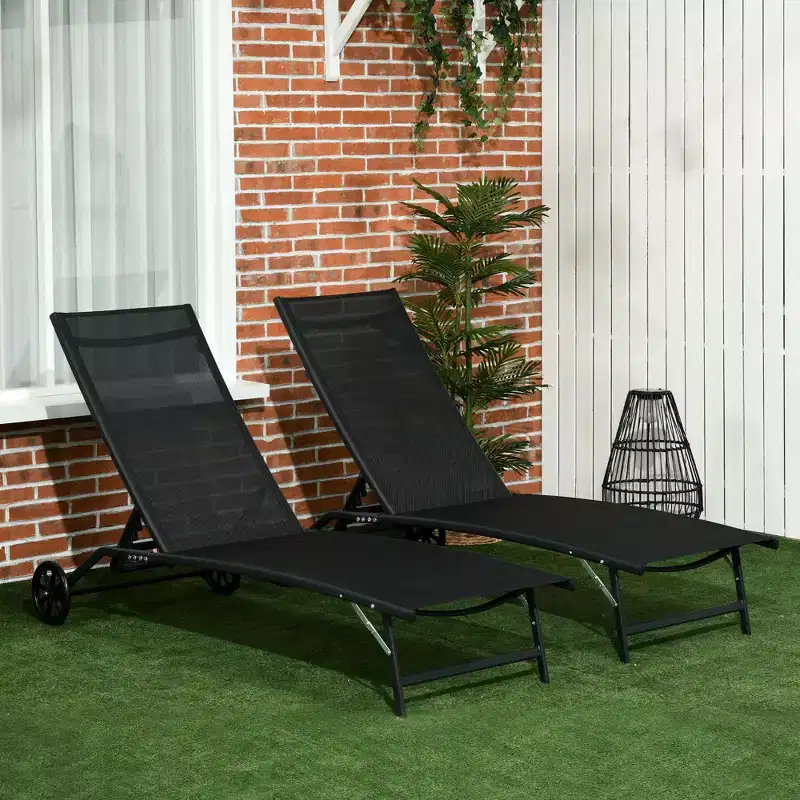 Chaise Lounge Outdoor, 2 Piece Lounge Chair with Wheelsning Chair with 5 Adjustable Positions for Patio, Beach, Pool