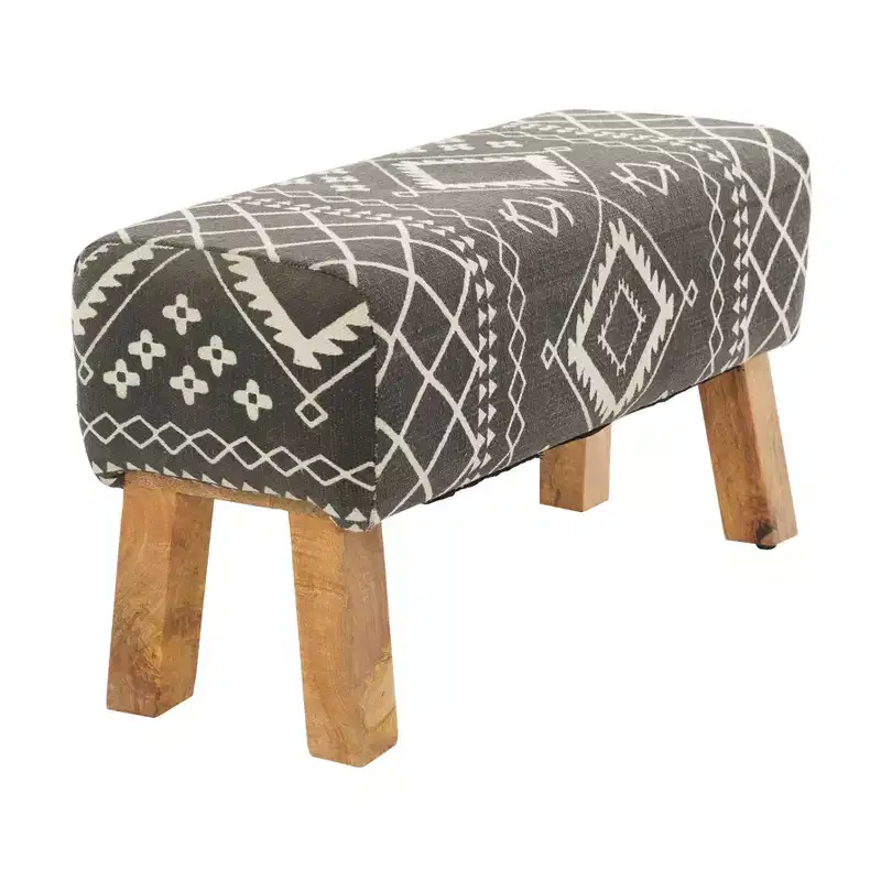 Bohemian Wood Upholstered Fabric Bench Small Black