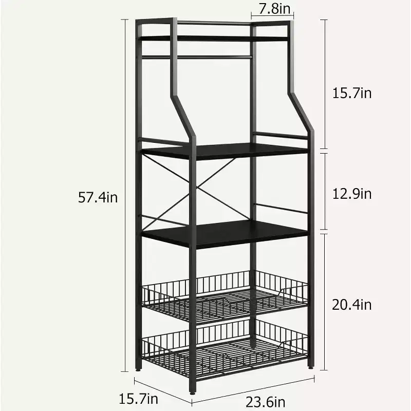60CM Double-Frame Microwave Stand, 20 Square Pipe & PB Board, Black & Black, for Small Kitchen
