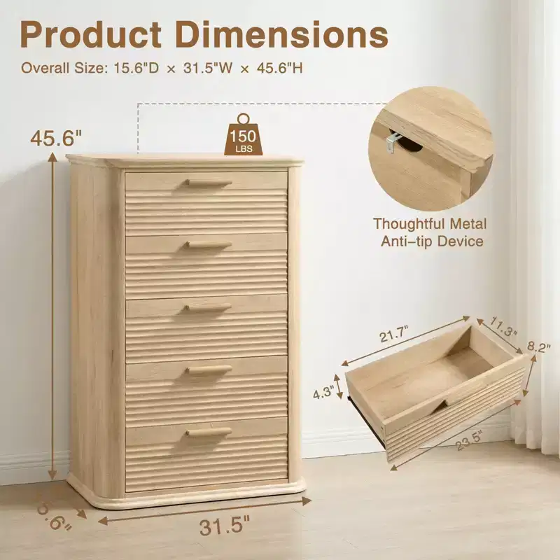 5 Drawers Dresser for Bedroom, 45 Tall Dresser with Curved Profile Design, Wood Fluted Chest of Drawer, Modern Drawer Storage Organizer for Bedroom