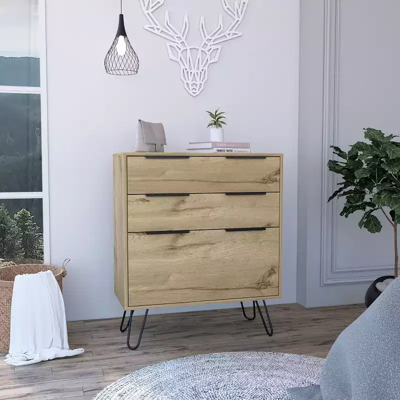 3/4-Drawer Compact Dresser with Steel Legs – Light Oak, Bedroom & Living Room Storage