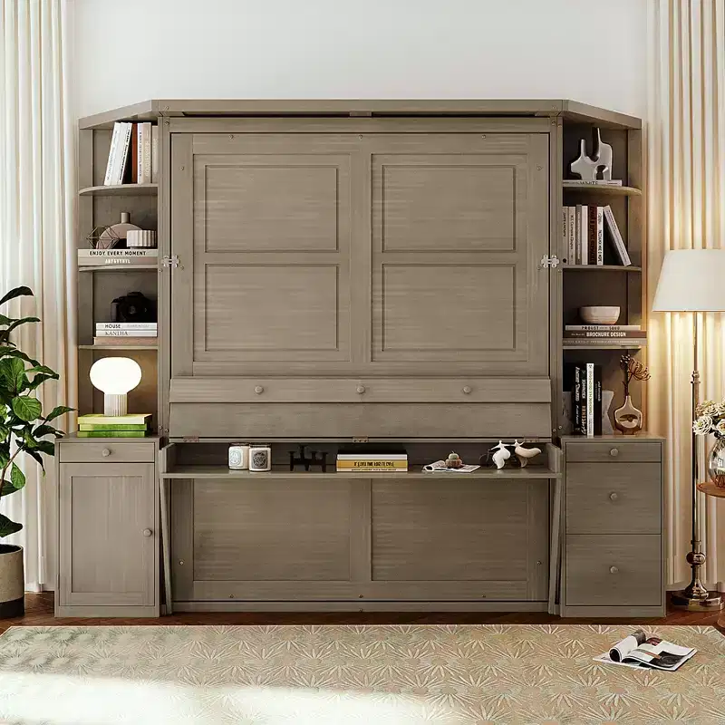 Queen Size Murphy Bed with Storage Shelves and Cabinets, Wooden Queen Cabinet Bed Wall Bed with Desk, Folding Wall Chest Bed for Guest Room Office