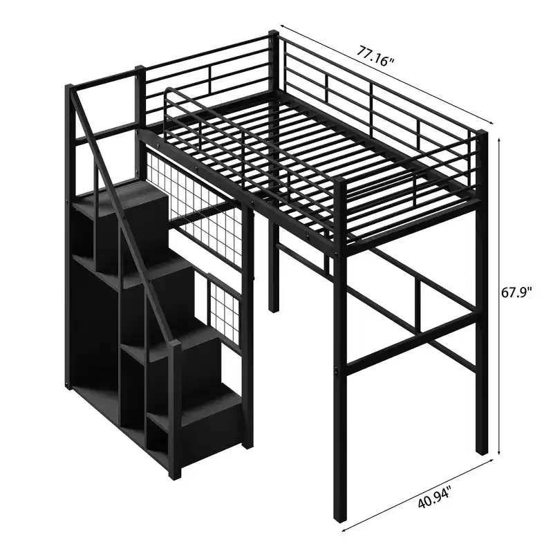 Twin Size Metal Loft Bed with Stairs and Built-In Wardrobe - Decorative Mesh, 250 lb Capacity