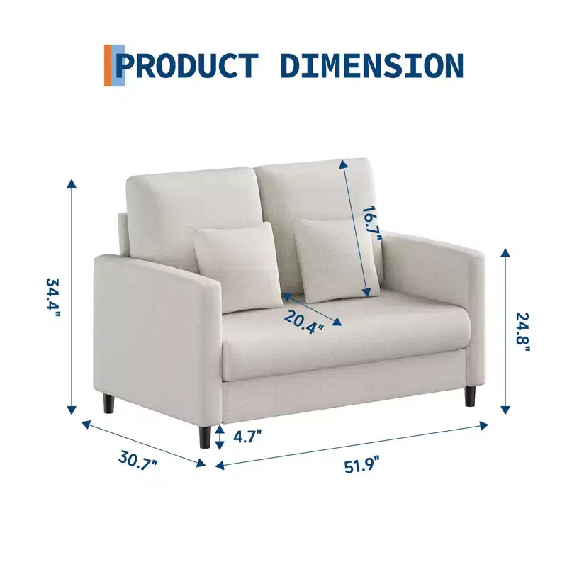 Compact 52 Teddy Fabric Loveseat, Tool-Free Assembly Accent Chair & Sofa for Small Spaces, Apartment Living Room & Bedroom