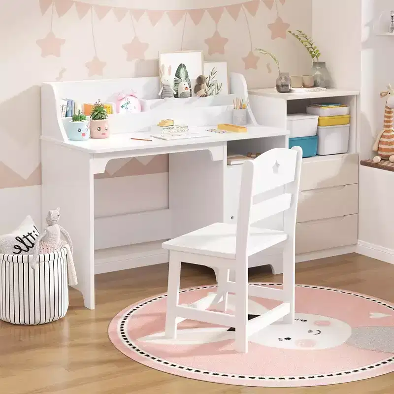 Garvee Kids Desk and Chair Set,Study Desk for Kids with Hutch, Storage Cabinet, Wooden Children Study Table,White