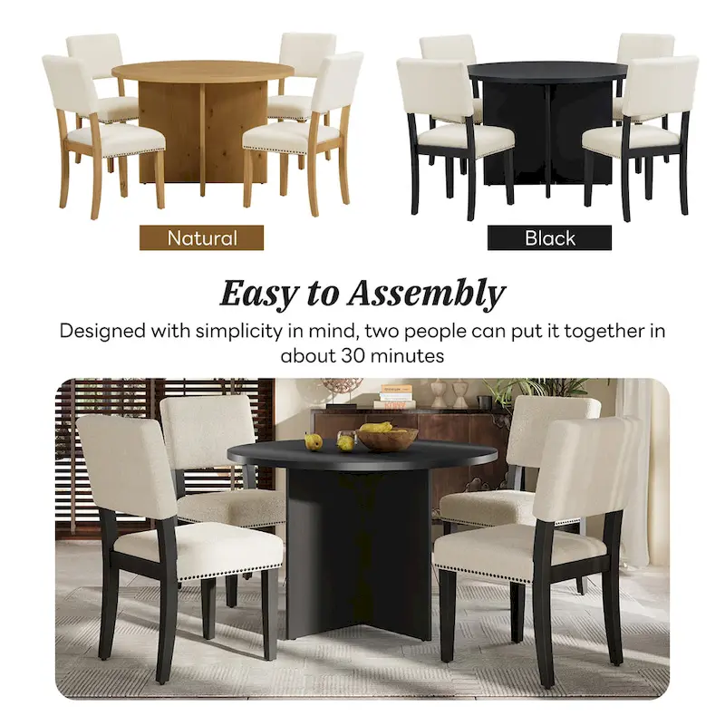Sakin Modern 5-Piece Round Dining Table Set with Pedestal Base and Upholstered Chairs by GDFStudio