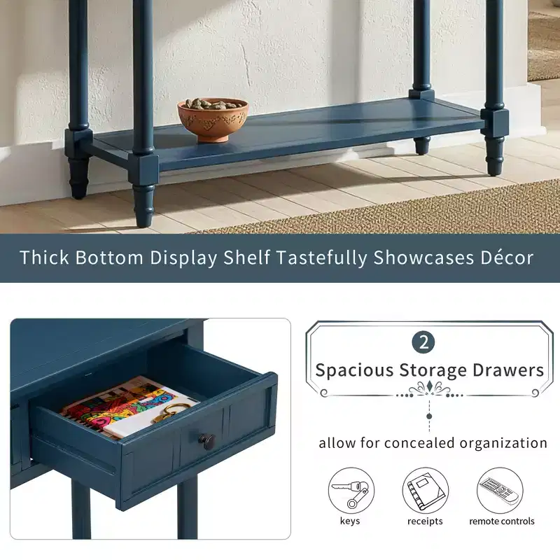 Traditional Entryway Console Table with 2 Drawers and Bottom Shelf, Solid Pine Wood