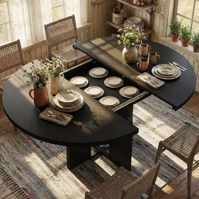 47-63 Extendable Round Dining Table for 4-8, Farmhouse Wood Expandable Kitchen Table with Metal Frame, Oval Space Saving for Apartment, Retro Gray
