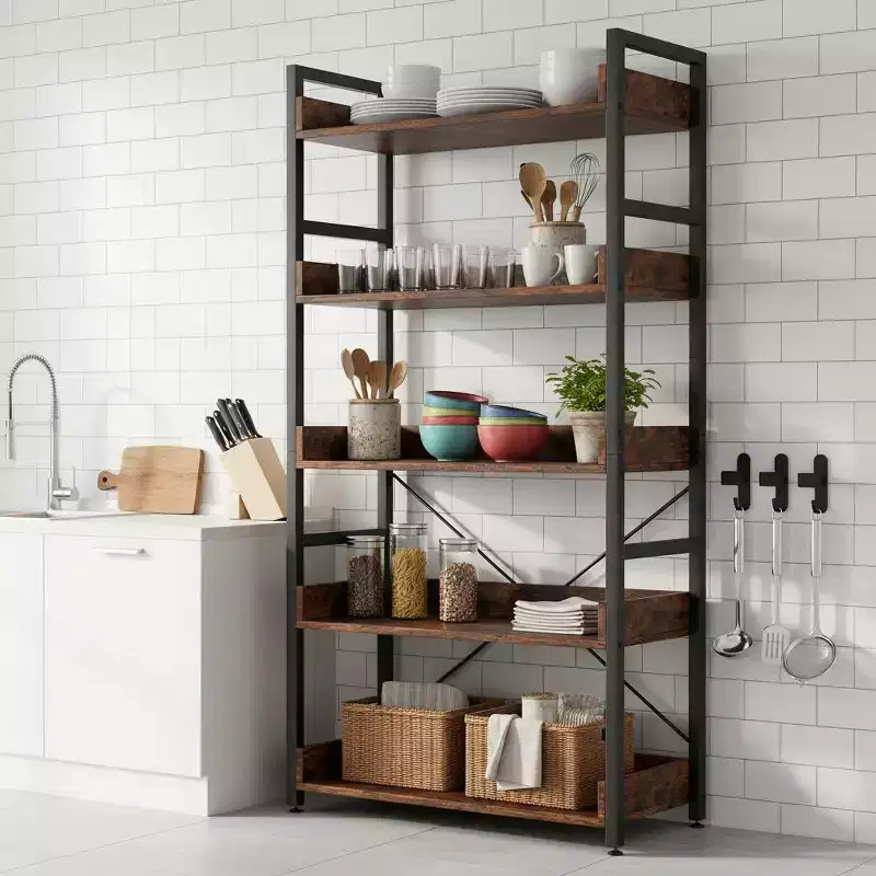 5-Tier Storage Rack w/ Hooks Open Shelves Rustic Wood Grain Design Adjustable Feet Brown+Black
