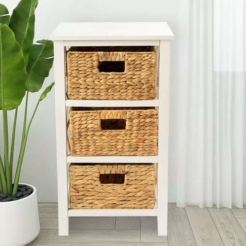 eHemco 3 Tier X-Side End Table Side Table Storage Cabinet with 3 Natural Water Hyacinth Wicker Baskets