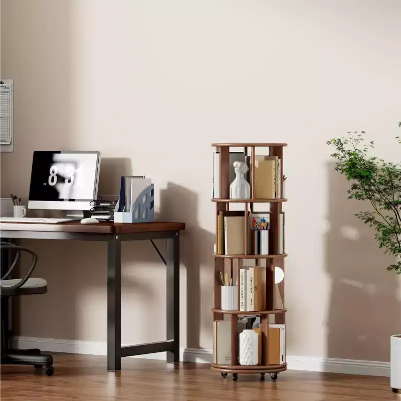 Corner Bookshelf Wood Book Shelf on Wheels, 360 Rotating Bookshelf, Narrow Bookcase