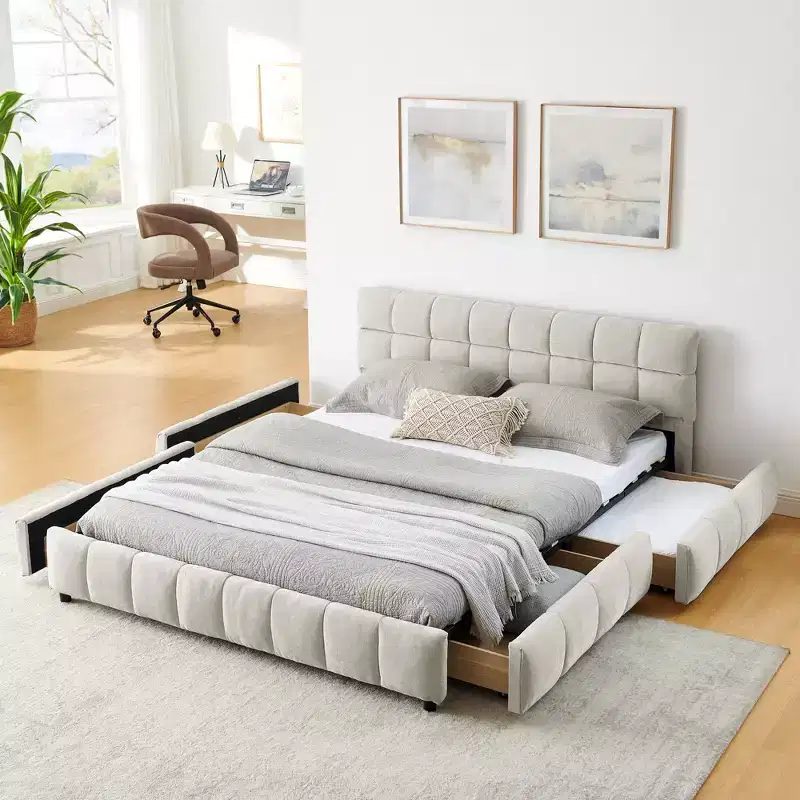 Queen/King/California King Size Upholstered Bed Frame with Storage Drawers, Chenille Platform Bed with Headboard and Solid Frame for Bedroom