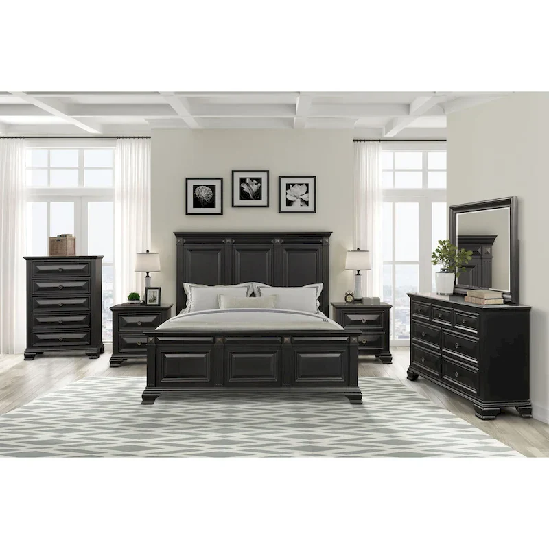 Vintage Black Wood Traditional 6-piece Bedroom Set