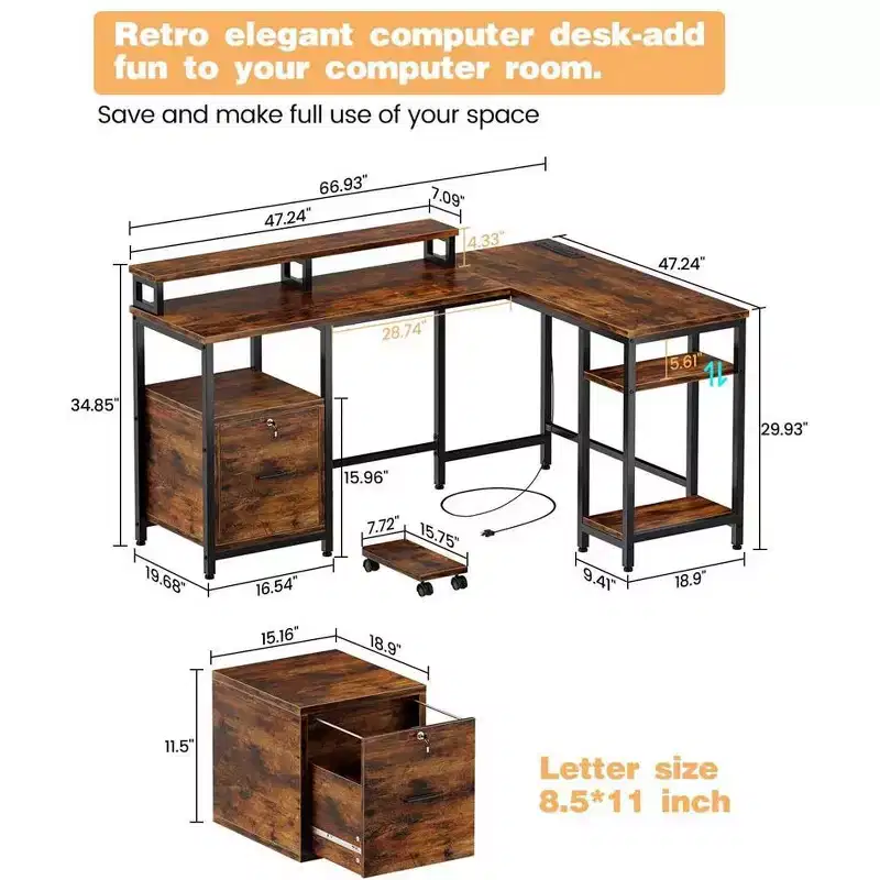 67 L Shaped Computer Desk with Power Outlet
