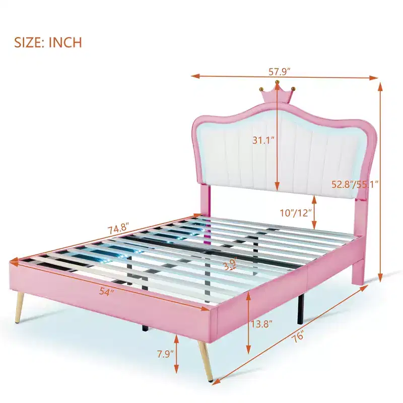 Crown Headboard Full Size Princess Bed for Girls,Upholstered Full Bed Frame with LED Lights for Kids,Pink