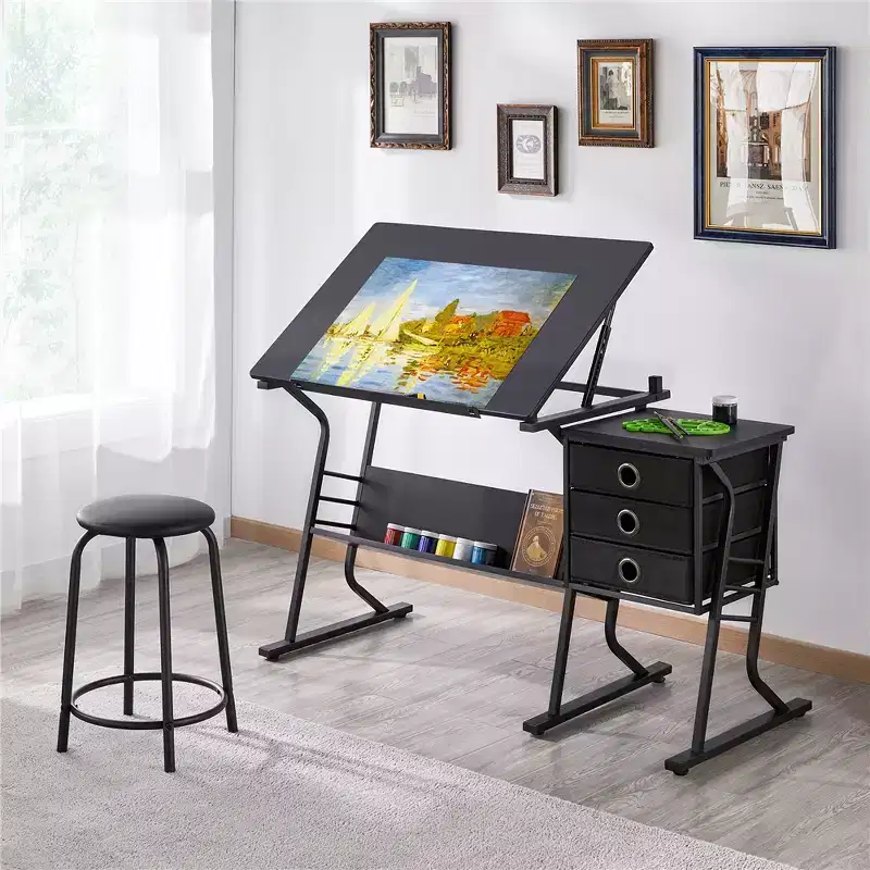 Yaheetech adjustable Drafting Table & Stool Set Black