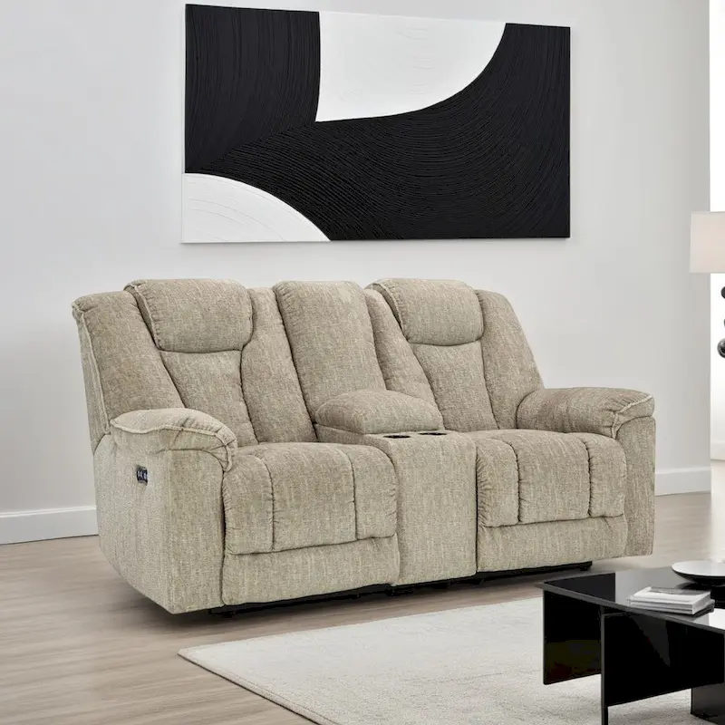 Power Reclining Loveseat, Adjustable Headrest LED, Beige 76 Inch