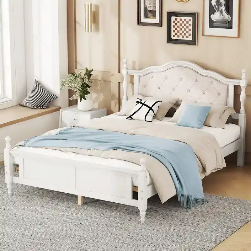 Queen Size Bed Frame with Upholstered Headboard and Panel Footboard