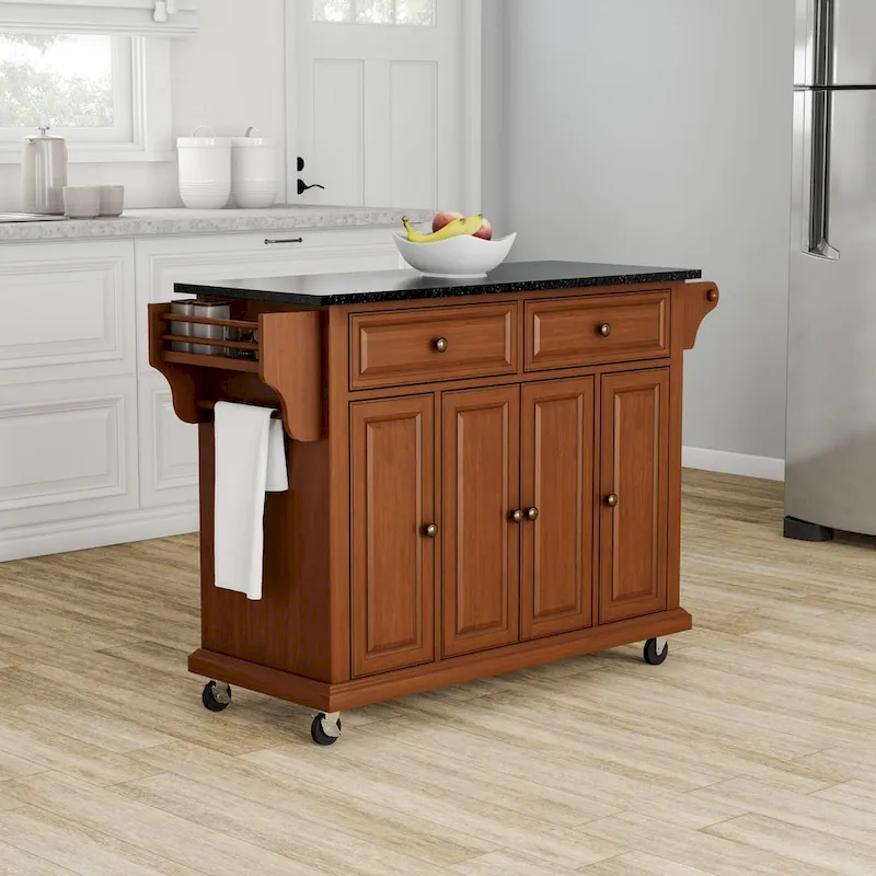 Crosley Full Size Solid Black Granite Top Classic Cherry Finish Kitchen Cart - 18d x 51.5w x 36h