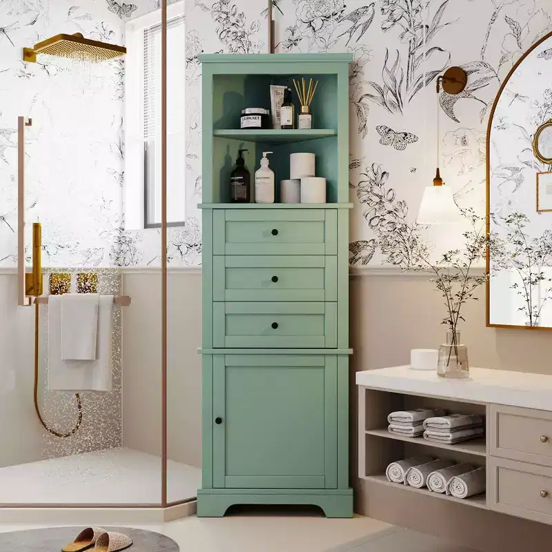 Green Triangle Tall Cabinet 3 Drawers Adjustable Shelves MDF Painted