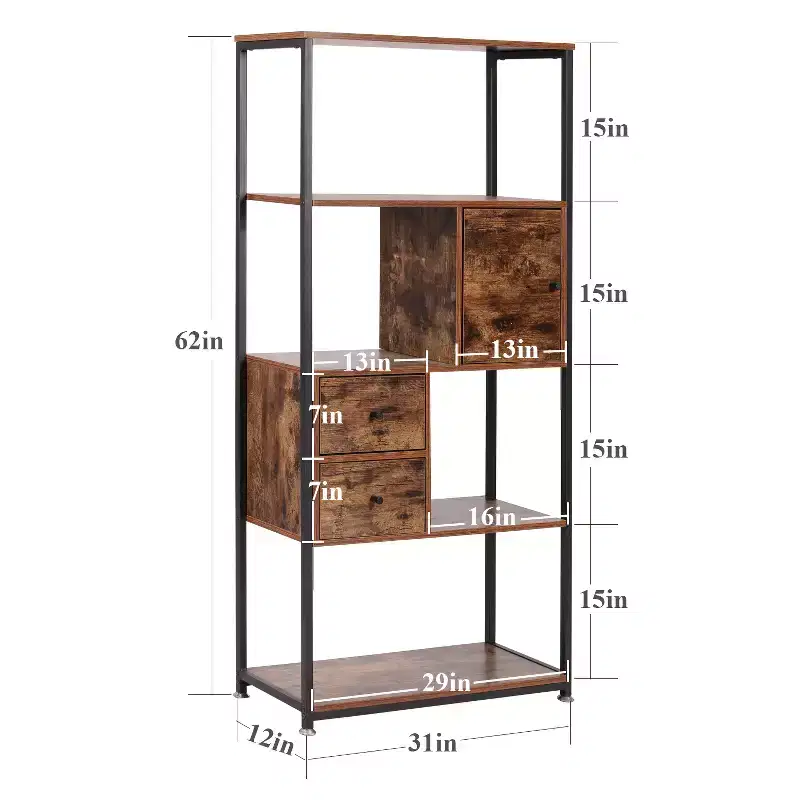 VECELO 62 Tall Bookcase, Industrial Storage Shelf with 2 Drawers, 5-Tier Bookshelf, Classic Brown