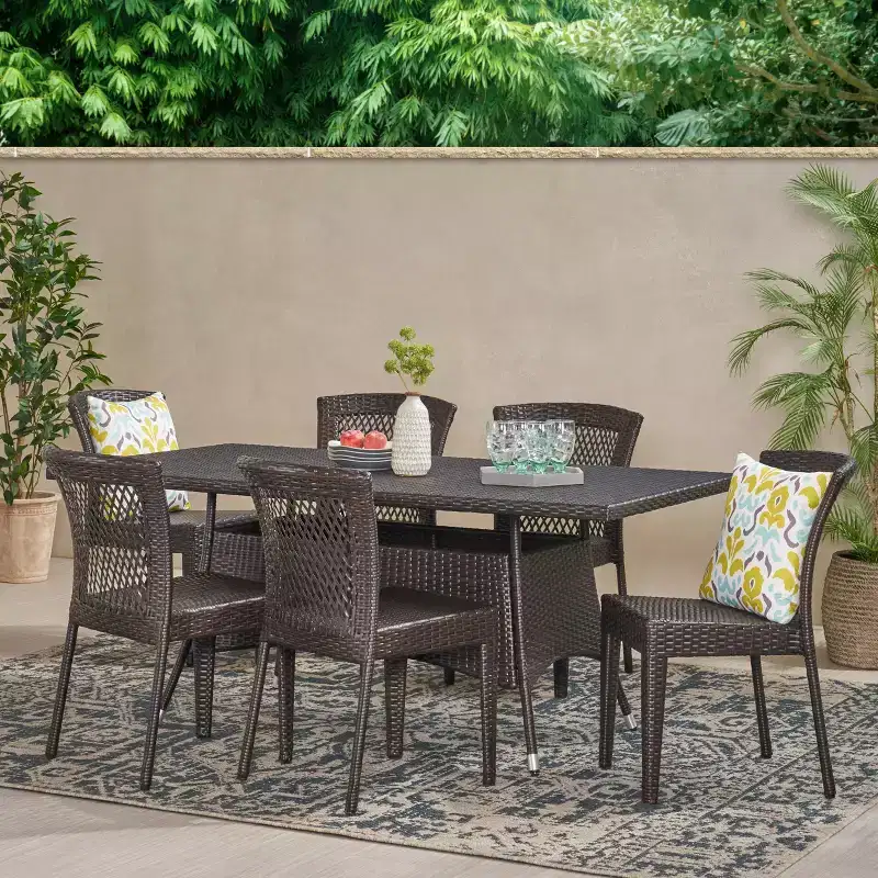 Christopher Knight Home Truda 7 Piece Patio Dining Set with 69 Rattan Table and Stackable Chairs