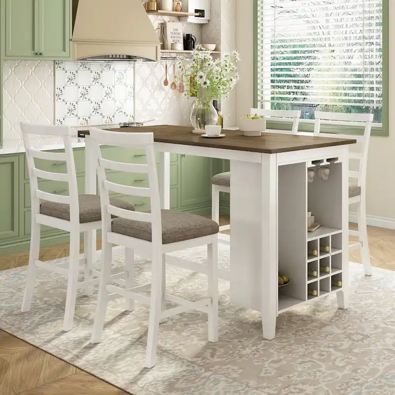 Multi-Functional Counter Height Dining Set Kitchen Bar Dining Table Set with 9 Wine Compartment Wine Glass Holders for Kitchen