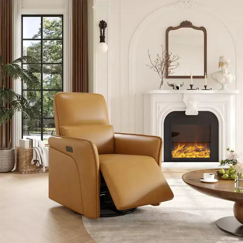 360 Swivel Leather Recliner Chair, Power Nursery Rocking Chair, Recliner Chair with Lumbar Support, USB Port & Footrest, for Living Room, Brown