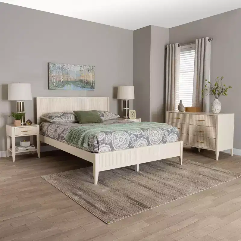 Baxton Studio Primrose Mid-Century Ivory Fluted Wood 4-Piece Bedroom Set