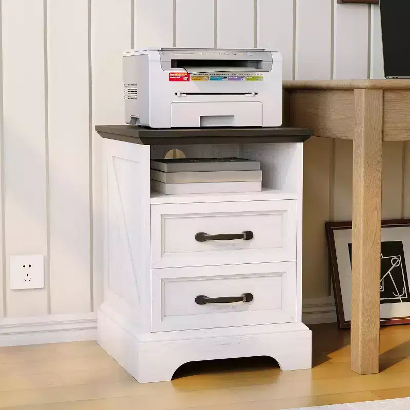 Farmhouse Rustic Nightstand with Charging Station, Modern Wood Bedside Table with 2 Drawers & Open Shelf, White Accent End Table