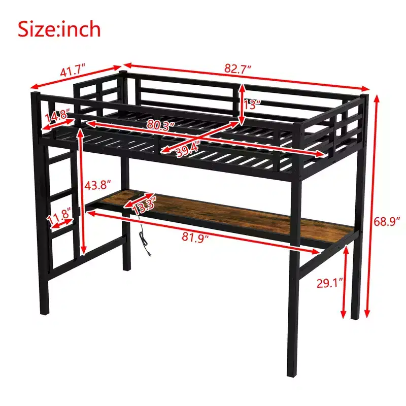 Twin XL Loft Bed with Desk, LED Lights, and Power Outlets – Black