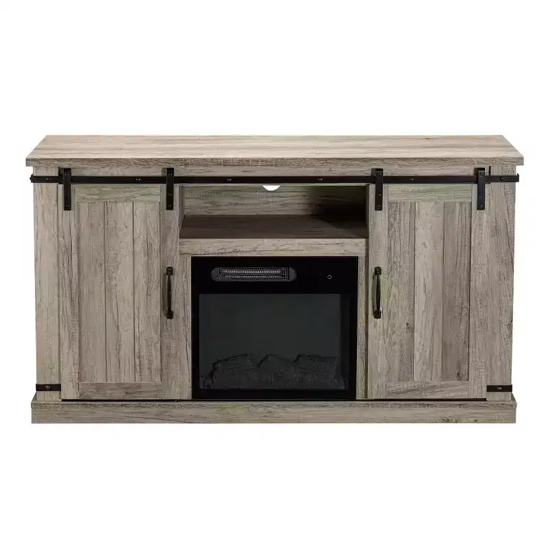 Sliding Doors Electric Fireplace TV Stand for TVs up to 60" Antique Gray Oak - MDF & Nickel Hardware, Cable Management