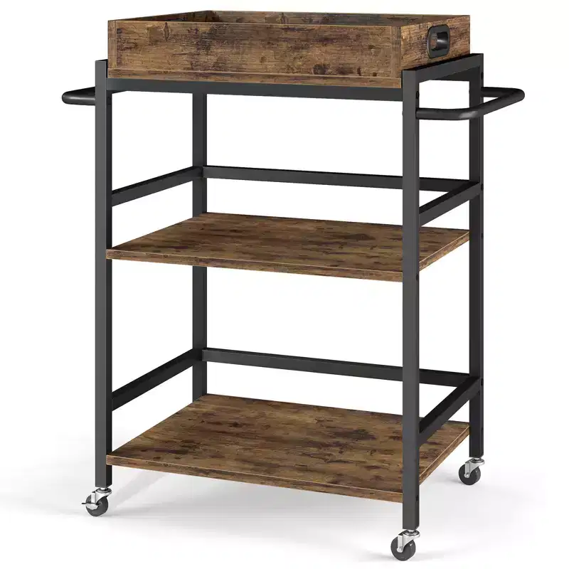 Rustic Rolling Bar Cart 3-Tier with Removable Tray and Lockable Wheels