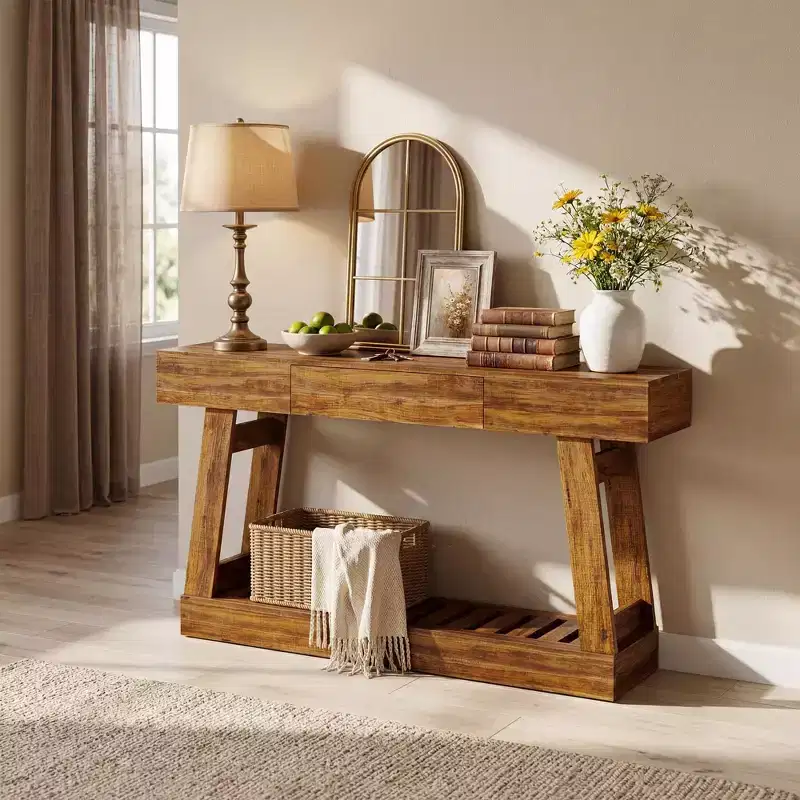 60 Narrow Console Table w/ Drawer & 2-Tier Slatted Shelf, Rustic Woodgrain Entryway Sofa Table, Sturdy Slim Storage for Hallway & Living Room
