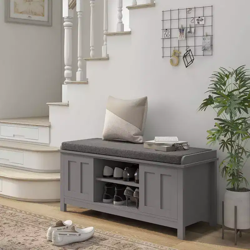 Okak Modern Functional Storage Bench with Sliding Barn Doors,Shoe Rack Shoe Bench with Linen Cushion for Bedroom,Entrance