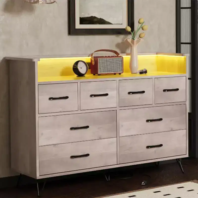 8-Drawer Dresser with Power Outlet, LED Lights & Gold Handles, Modern Wood Chest, White