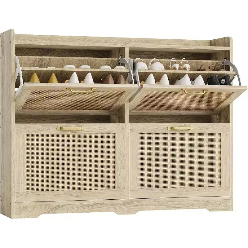Freestanding Rattan Accent Ultra Slim Shoe Cabinet for Entryway - 4 Flip Drawers , Farmhouse Modern Rustic Shoe Rack for Hallway, Foyer, Living Room